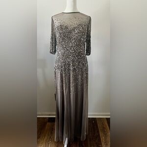 Adrianna Papell Silver Sequin Gown 12 Petite